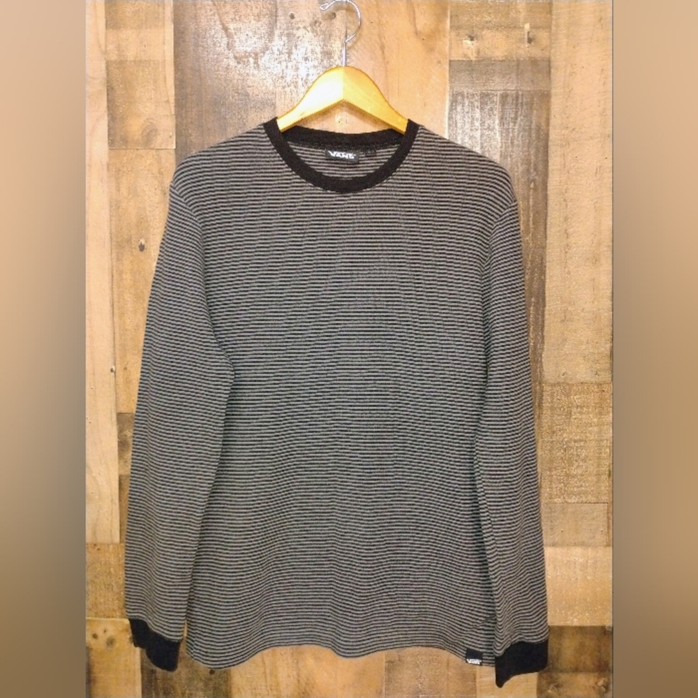 Vans Men's Striped Long Sleeve Thermal Shirt Size Large Black Gray Skate
